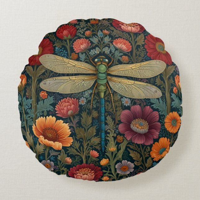 Elegant art nouveau Autumn floral Dragonfly Round Cushion (Front)