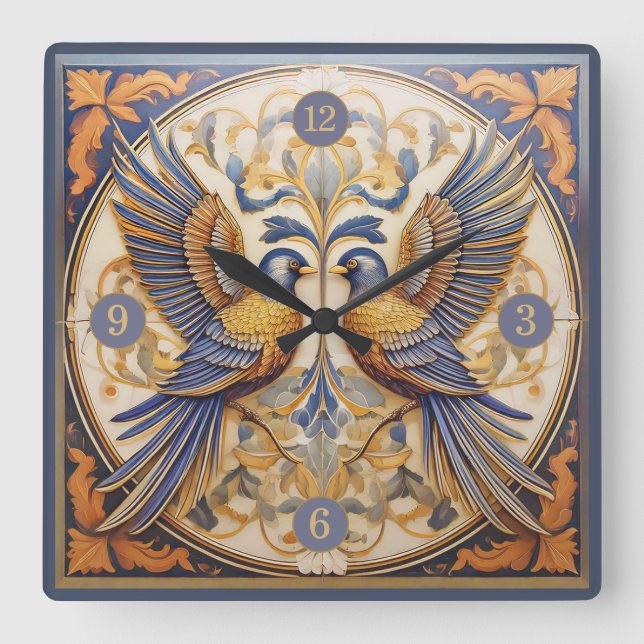 Elegant Art Nouveau Birds Pat#21 Blue Gold ID1078 Square Wall Clock (Front)