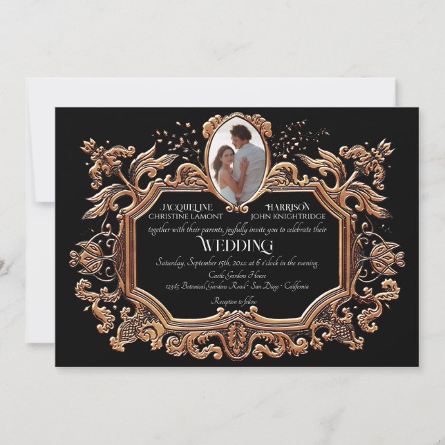 Elegant Art Nouveau Black and White Photo Wedding Invitation (Front)