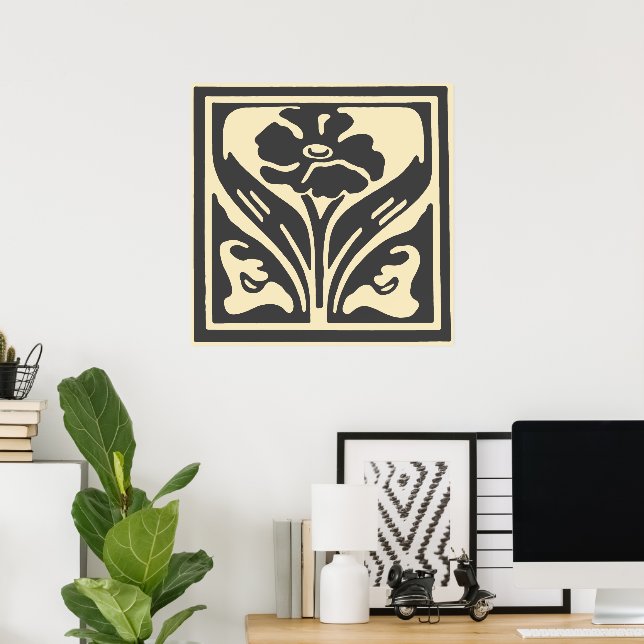 Elegant Art Nouveau Black Beige Flower Poster (Home Office)