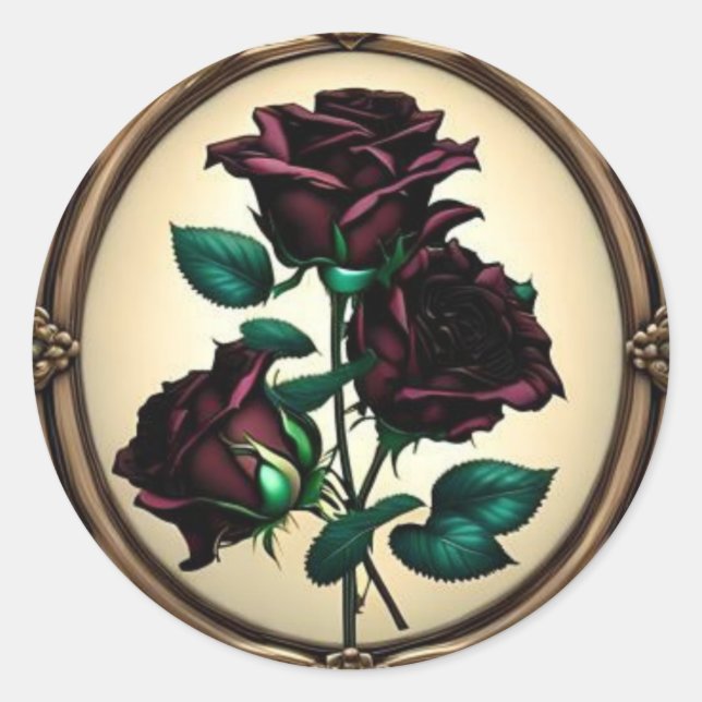 Elegant Art Nouveau Black Rose Design Classic Round Sticker (Front)