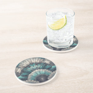 Elegant Art Nouveau Blue Silver Fans Coaster