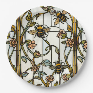 Elegant art nouveau botanical  bee stain glass paper plate