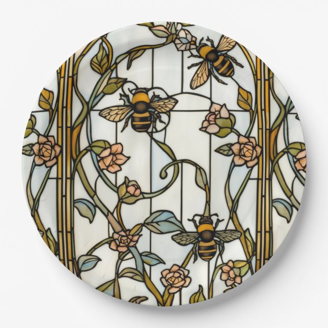 Elegant art nouveau botanical  bee stain glass paper plate (Front)