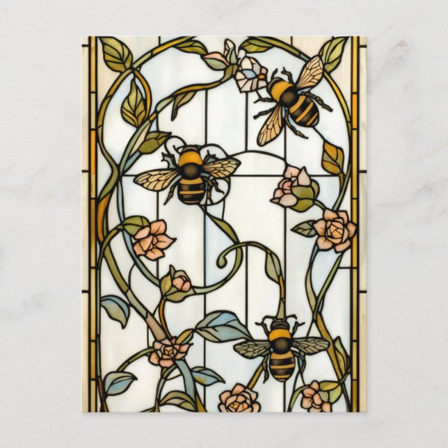 Elegant art nouveau botanical  bee stain glass postcard (Front)