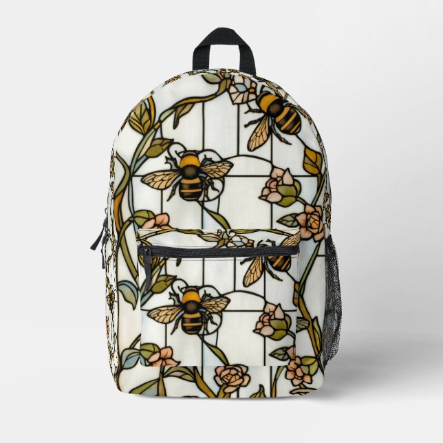 Elegant art nouveau botanical  bee stain glass printed backpack (Front)