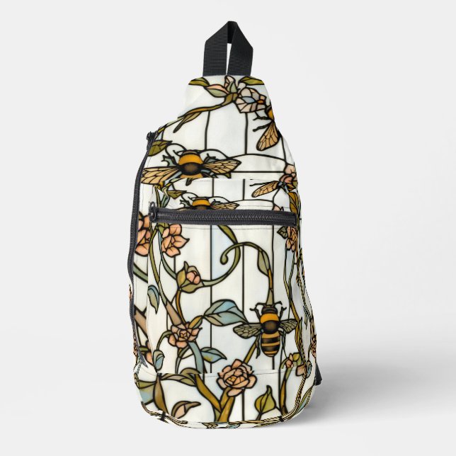 Elegant art nouveau botanical  bee stain glass sling bag (Front)