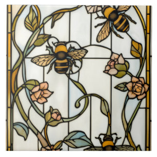 Elegant art nouveau botanical  bee stain glass tile