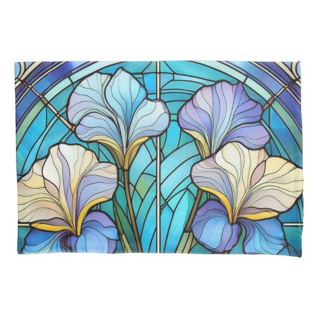 Elegant Art Nouveau Botanical Iris Blue Purple Pillowcase (Front)
