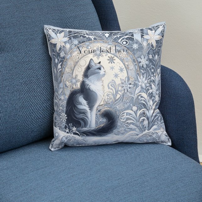 Elegant Art Nouveau Cat Design Customisable Cushion (Personalizable wintery cat pillow)