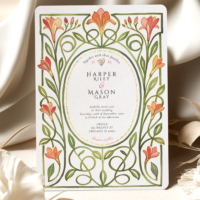 Elegant Art Nouveau Coral Lily Wedding Invite (Creator Uploaded)