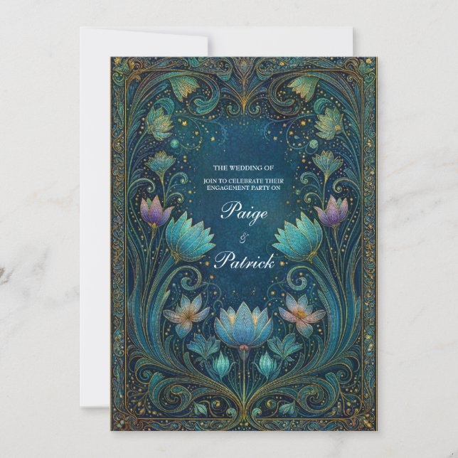 Elegant Art Nouveau Cyan Lotus Floral Wedding Invitation (Front)