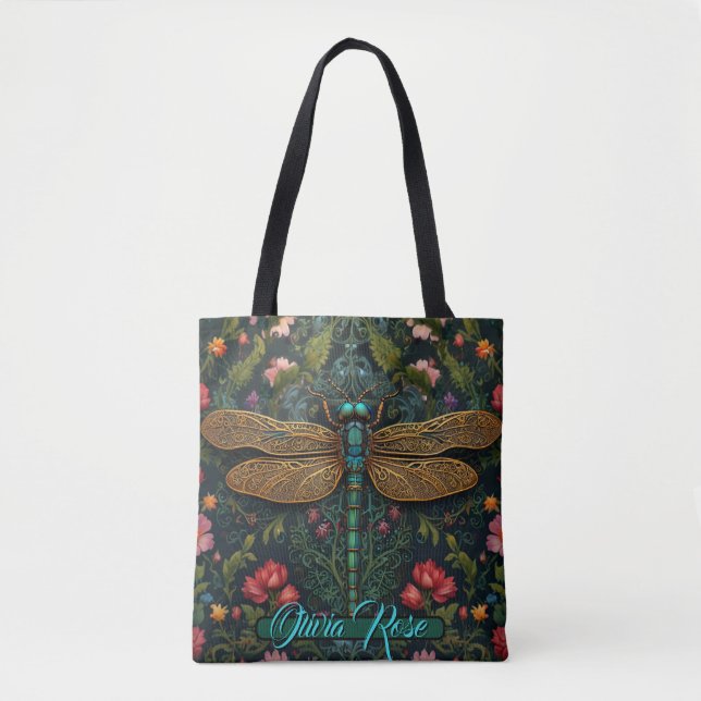 Elegant art nouveau dragonfly boho botanical  tote bag (Front)