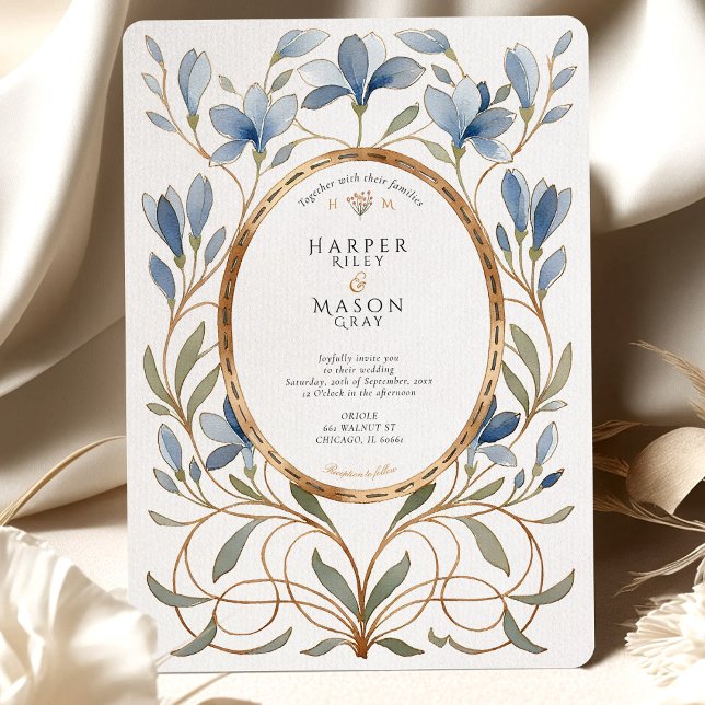 Elegant Art Nouveau Dusty Blue & Gold Wedding Invitation (Creator Uploaded)