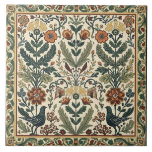 Elegant Art Nouveau Floral Bird Vintage Botanical Tile
