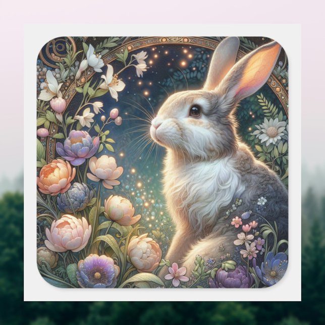 Elegant Art Nouveau Floral Rabbit Easter Square Sticker (Creator Uploaded)