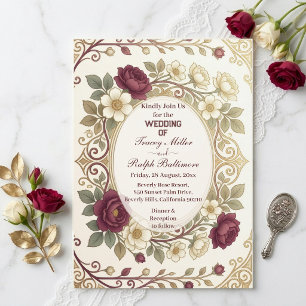 Elegant Art Nouveau Gold Burgundy Florals Wedding  Invitation
