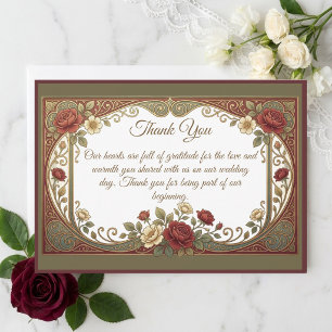 Elegant Art Nouveau Gold Burgundy Florals Wedding Thank You Card