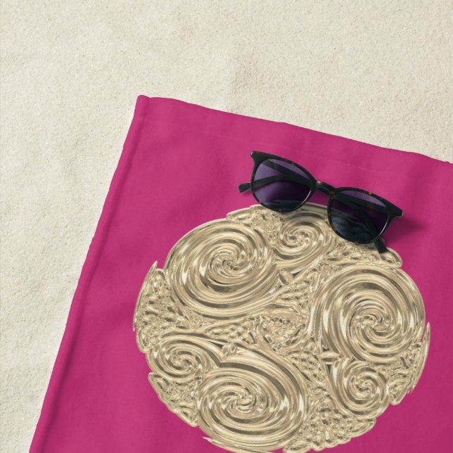 Elegant art nouveau gold fuschia pink medallion beach towel (In Situ)