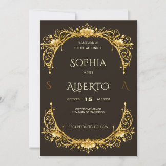 Elegant Art Nouveau golden floral arch Wedding Invitation