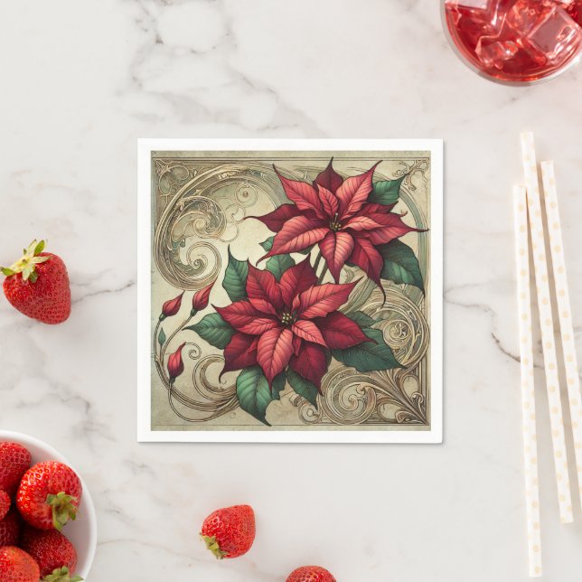 Elegant Art Nouveau Holiday Poinsettia Découpage Napkin (Insitu)