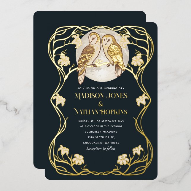  Elegant Art Nouveau Owls Wedding Invitation (Front/Back)