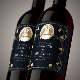 Elegant Art Nouveau Owls Wedding Wine Label