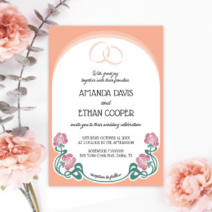 Elegant Art Nouveau Peach Colour Wedding Invitation