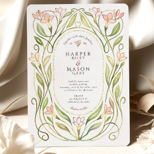 Elegant Art Nouveau Peach Lily Wedding Invitation