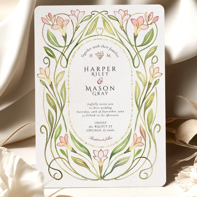 Elegant Art Nouveau Peach Lily Wedding Invitation (Creator Uploaded)