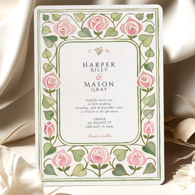 Elegant Art Nouveau Pink Rose Garden Wedding Invitation (Creator Uploaded)