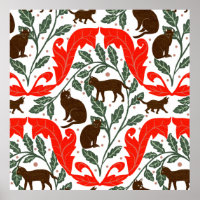 Elegant Art Nouveau Red Brown-Black Cat-