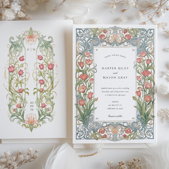 Elegant Art Nouveau Red Tulips Wedding Invitation (Creator Uploaded)