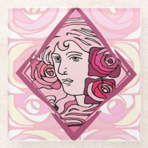Elegant Art Nouveau Rose Woman Glass Coaster