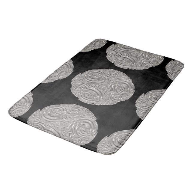 Elegant  art nouveau silver black round medallion  bath mat (Angled)