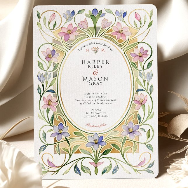 Elegant Art Nouveau Spring Floral Gold Wedding Invitation (Creator Uploaded)