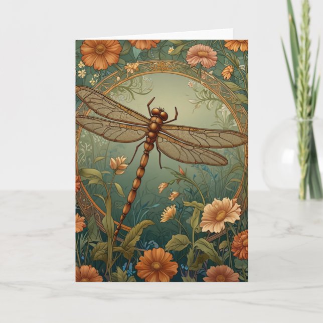 Elegant Art Nouveau Spring green Dragonfly Card (Front)