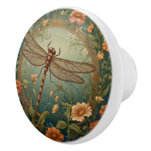 Elegant Art Nouveau Spring green Dragonfly Ceramic Knob