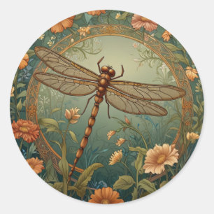 Elegant Art Nouveau Spring green Dragonfly Classic Round Sticker