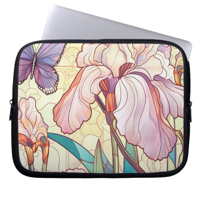 Elegant Art Nouveau Stained Glass Iris Butterfly  Laptop Sleeve (Front)