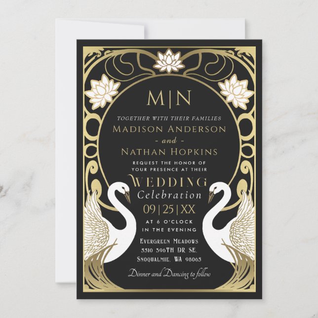 Elegant Art Nouveau Swans Wedding Invitation (Front)