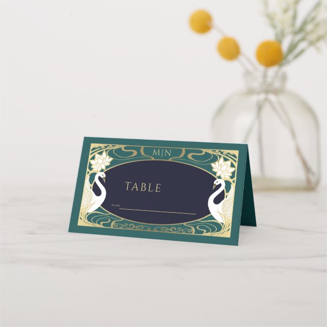 Elegant Art Nouveau Swans Wedding Place Card (Front)