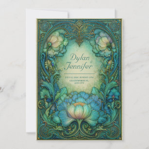 Elegant Art Nouveau Teal Floral Antique Wedding Invitation
