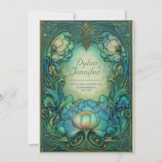 Elegant Art Nouveau Teal Floral Antique Wedding Invitation (Front)