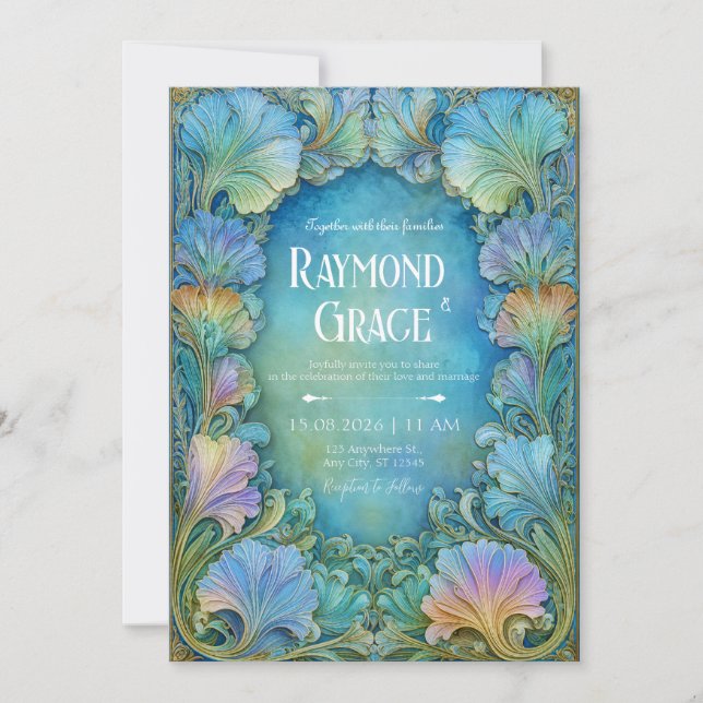 Elegant Art Nouveau Teal Mosaic Floral Wedding Invitation (Front)