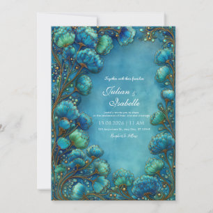 Elegant Art Nouveau Teal Scalloped Floral Wedding Invitation
