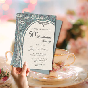 Elegant Art Nouveau Teal & Silver Floral Birthday Invitation