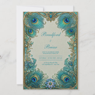 Elegant Art Nouveau Turquoise Plume Gilded Wedding Invitation