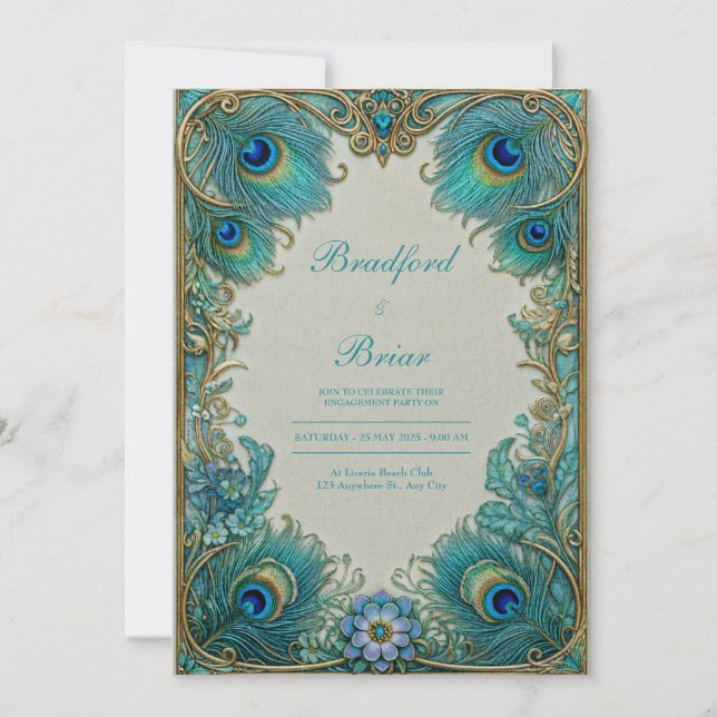 Elegant Art Nouveau Turquoise Plume Gilded Wedding Invitation (Front)