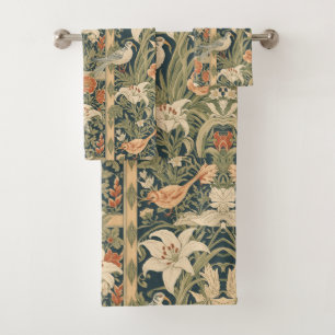 Elegant Art Nouveau Vintage Botanical Bird  Lily Bath Towel Set